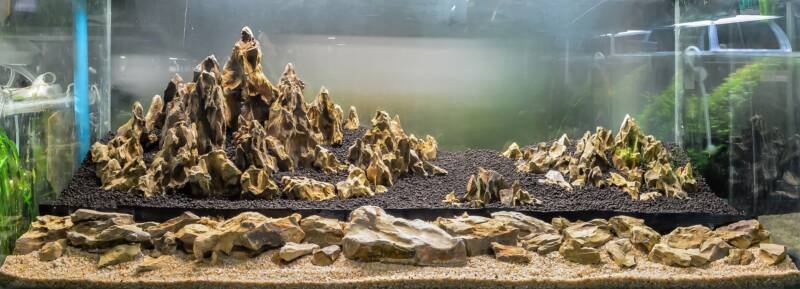 Disposición del acuario con piedra Seiryu conocida como piedra Dragón 