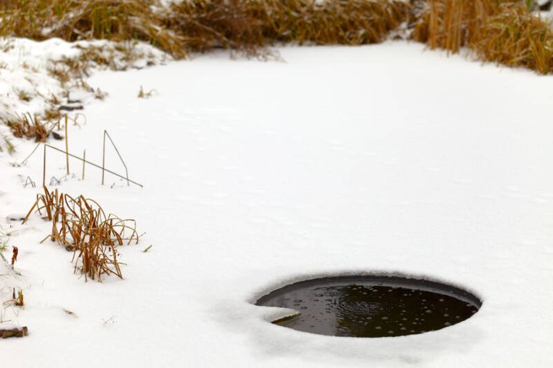 The air hole in a garden pond in winter